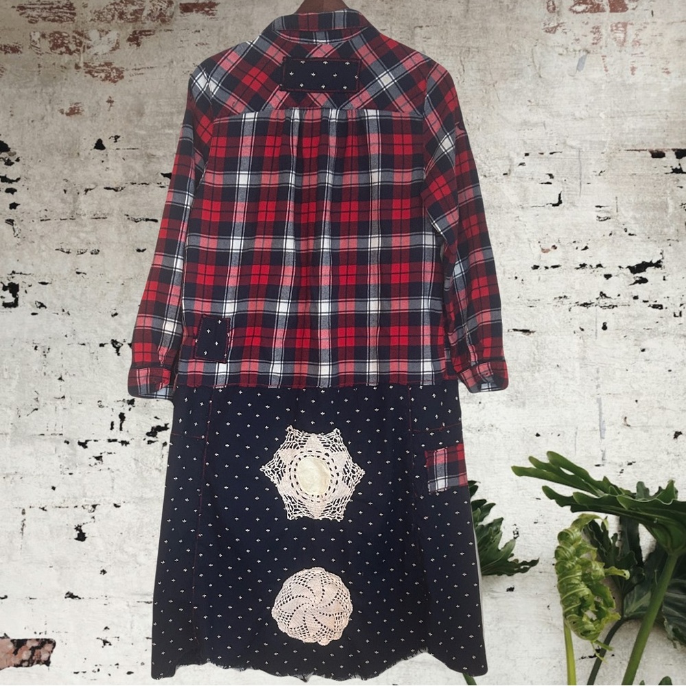 Upcycled tattered and frayed doily patched plaid and floral printed boho duster